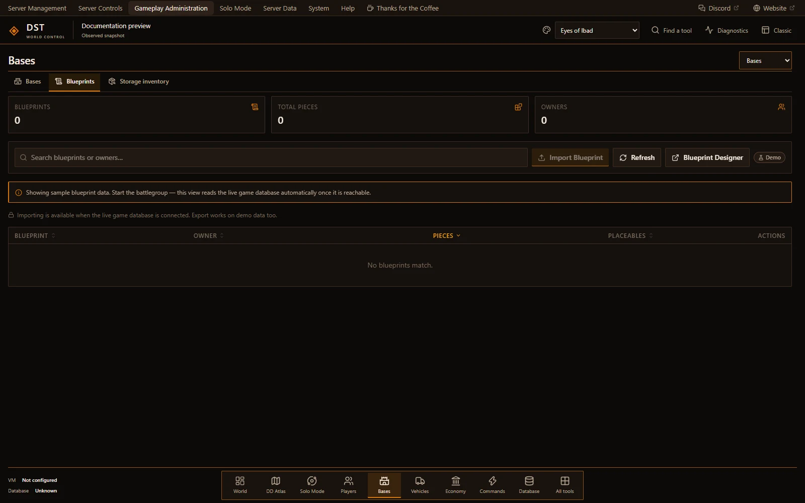 Bases workspace with the Blueprints tab selected, an empty demo catalogue, and import unavailable while disconnected