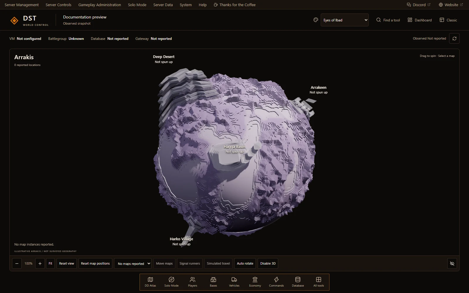 Command Deck's World view with its Arrakis globe, status summary, and bottom dock including DD Atlas, Solo Mode, Players, and Bases