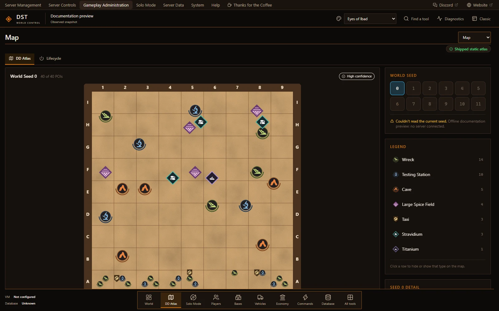 Shipped static DD Atlas showing seed zero's sector grid and filters for wrecks, testing stations, caves, spice, taxis, and ore