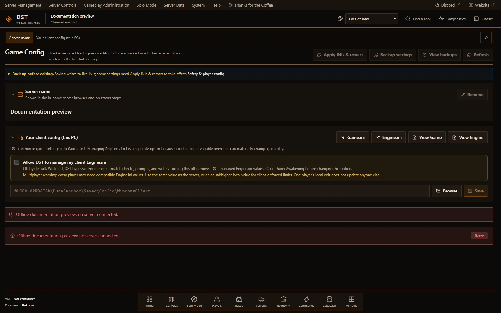 Game Config's backup guidance, server-name area, and separate opt-in for local client Engine.ini management