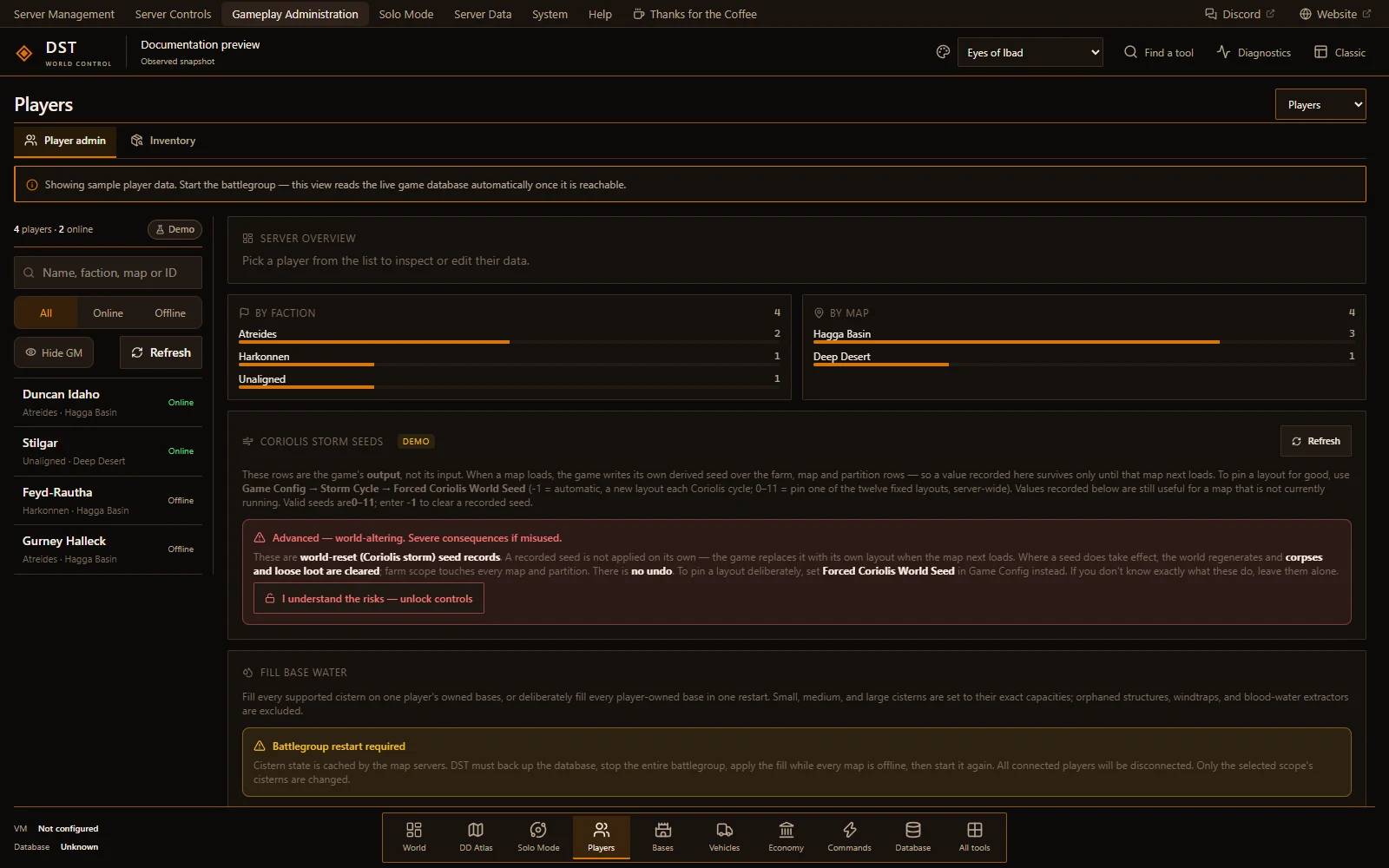 v15 Players workspace with the shipped sample-character directory, faction summary, and explicit demo-data notice