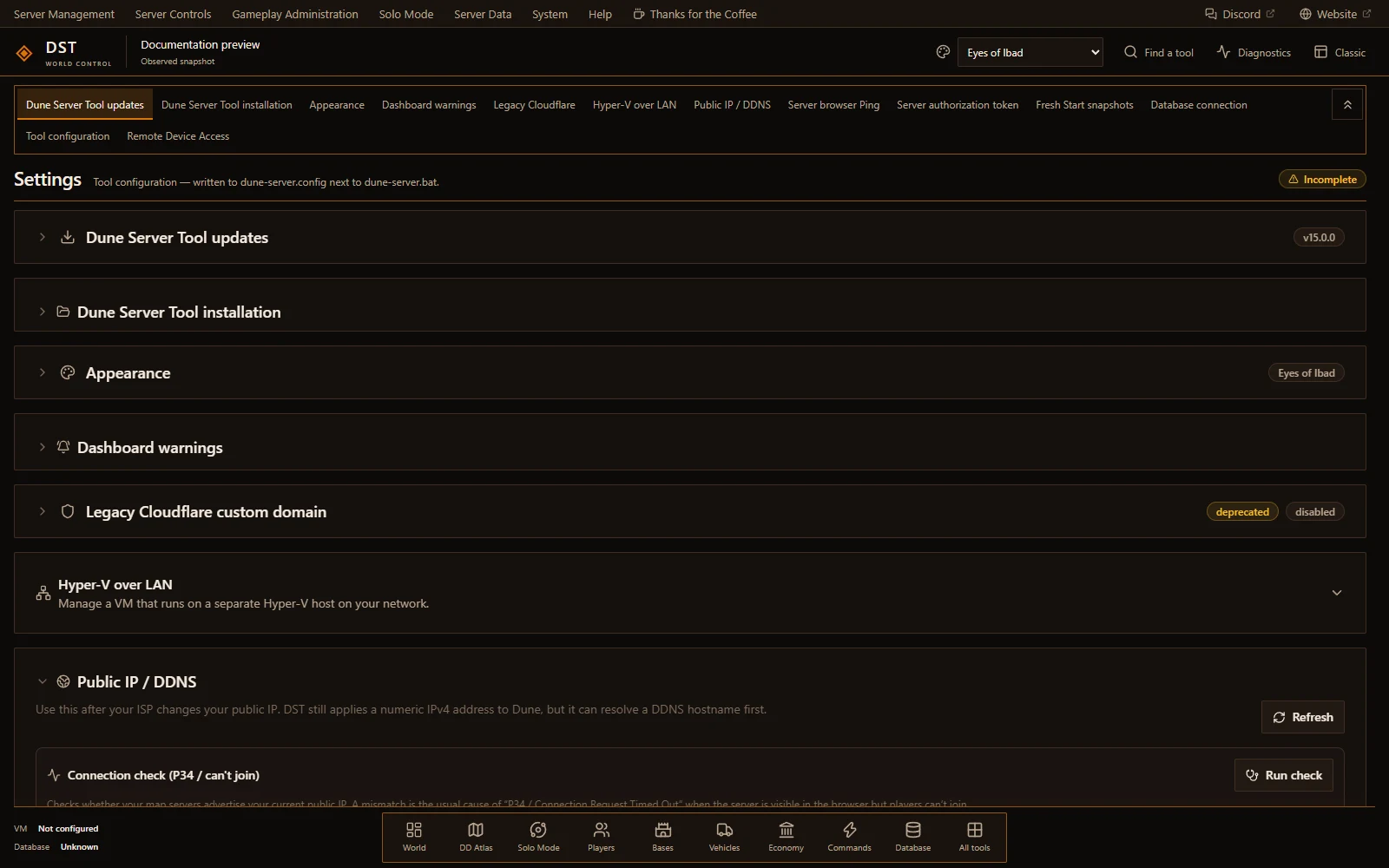 v15 Settings with appearance controls and a disabled, deprecated Legacy Cloudflare custom-domain section