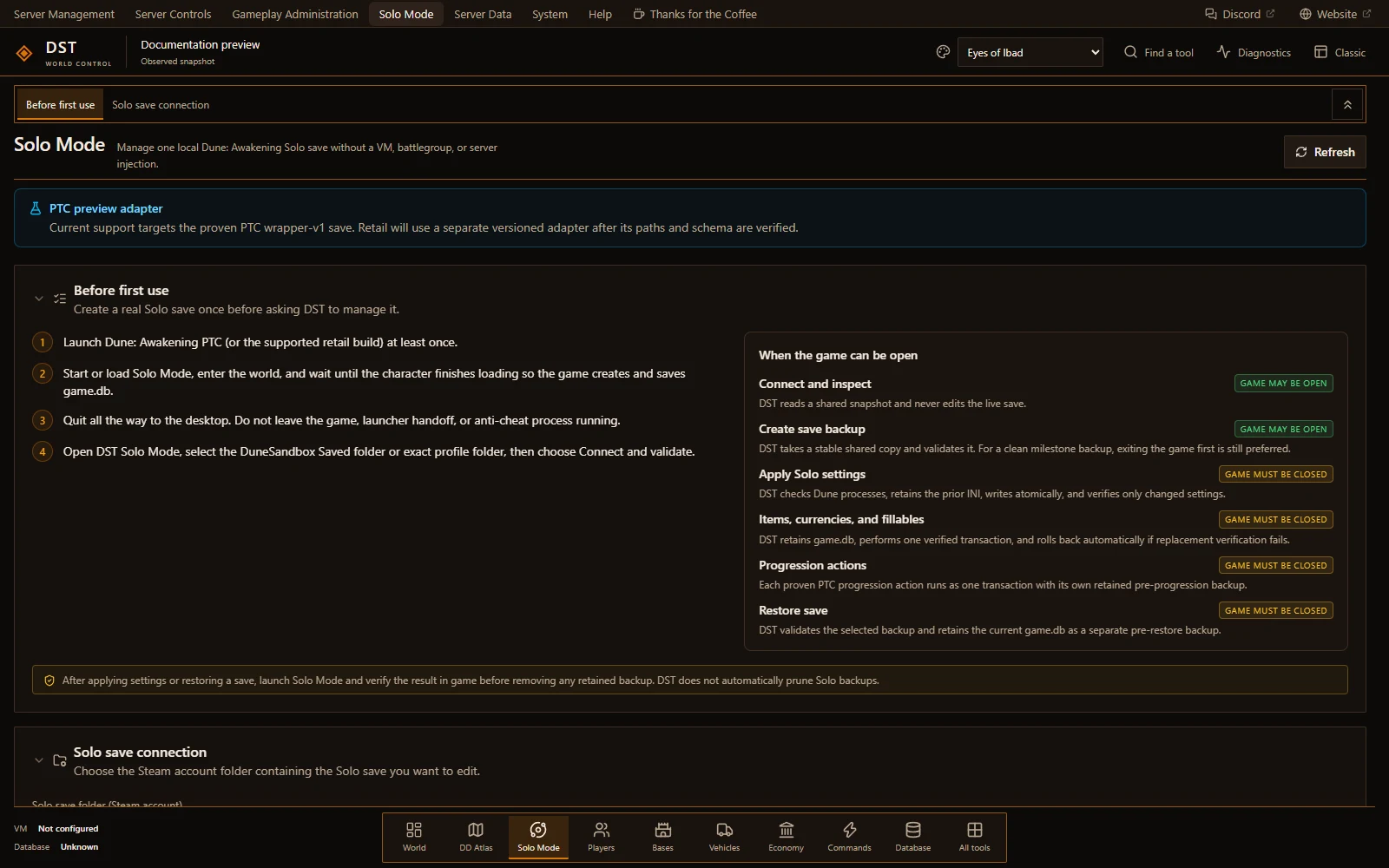 Solo Mode's first-use instructions and safety guide before any local save has been connected